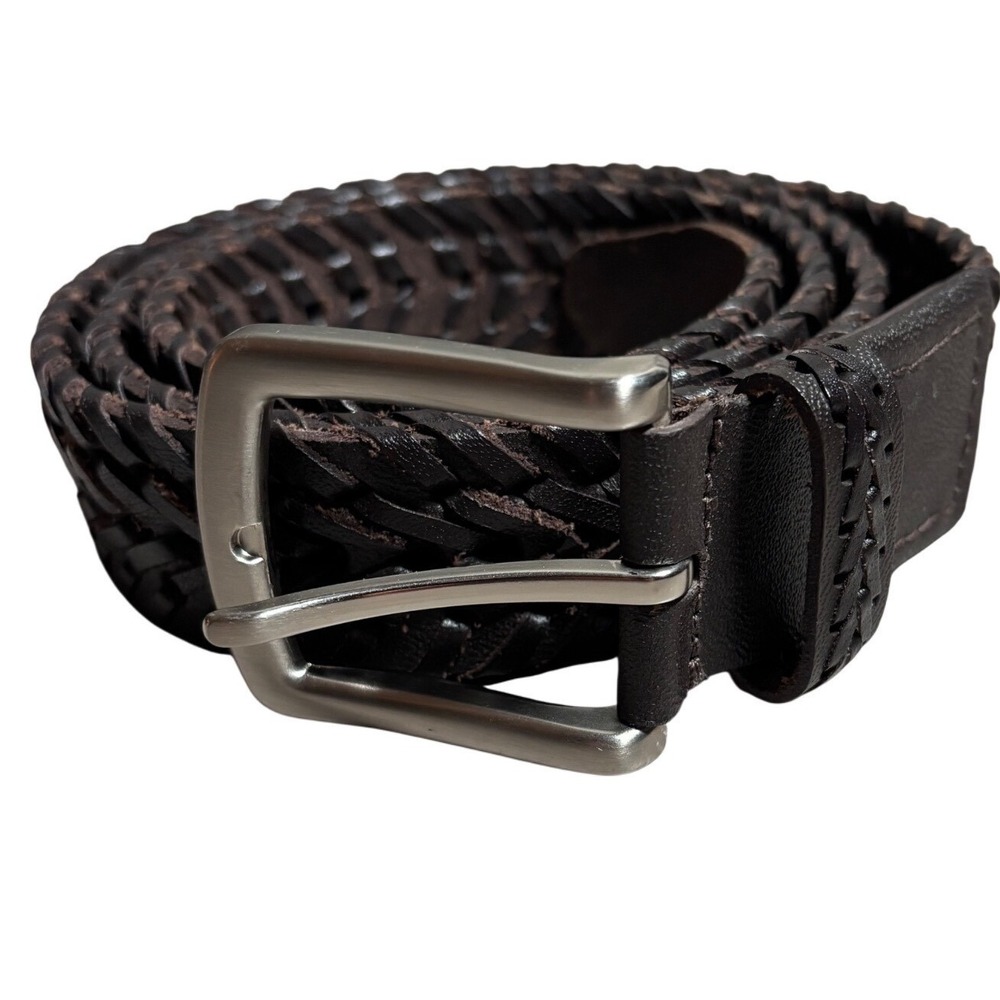 Mens Woven Braided Genuine Leather Belt Brown Silver Buckle XL Rodeo Western